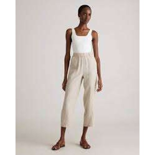 Quince Women 100% European Linen Pants Driftwood Tan Elastic Waist Small